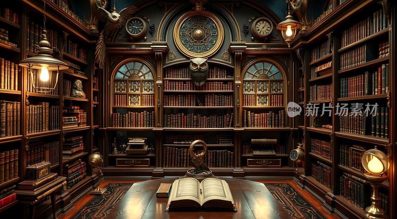 古董书架上的时钟与书籍