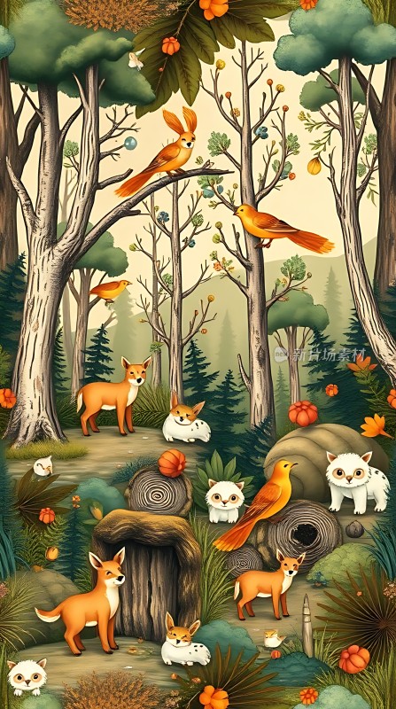 森林秘境狐狸与鸟儿的和谐家园