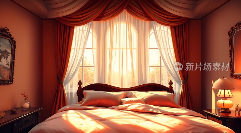 阳光洒满温馨卧室红色窗帘映衬优雅床铺