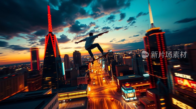 飞跃城市高楼极限滑板挑战者