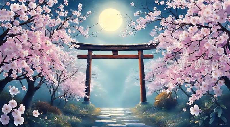 春夜月下樱花道