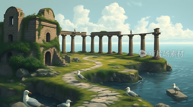海边的古老遗迹与飞翔的海鸥