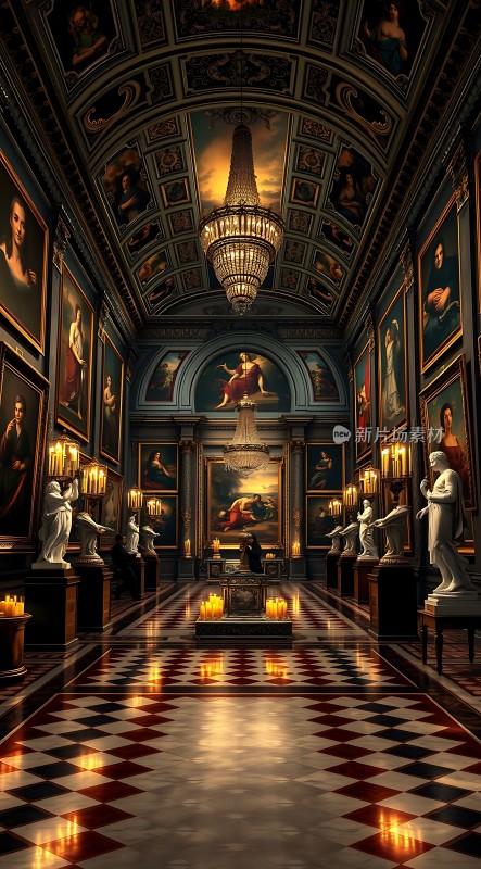 艺术殿堂光影交错雕像壁画古典优雅