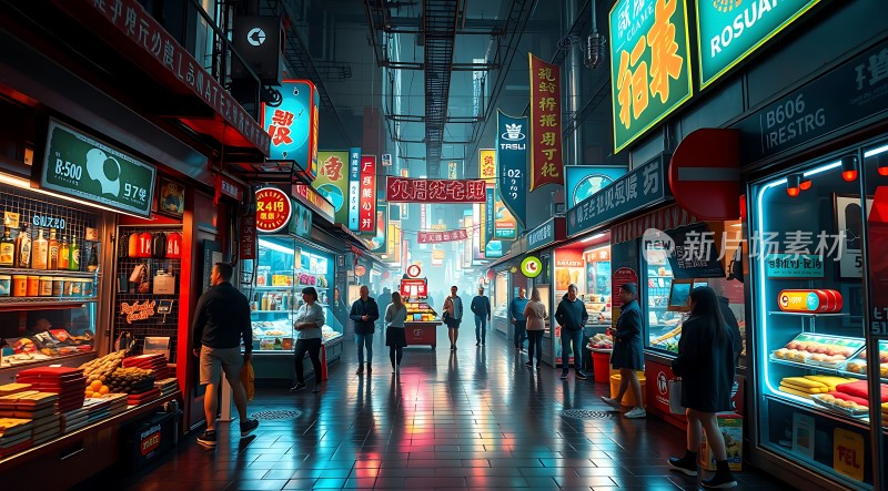 繁华夜市霓虹闪烁热闹非凡