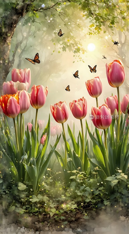 阳光下的粉色郁金香与蝴蝶