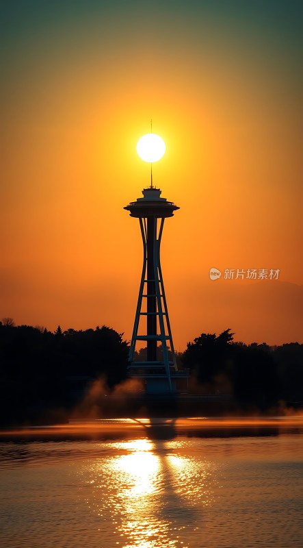 日出时分的摩天轮剪影