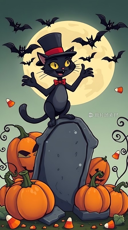 万圣节之夜黑猫与南瓜灯
