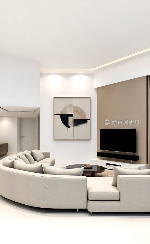 现代客厅设计弧形沙发与简约装饰画相得益彰