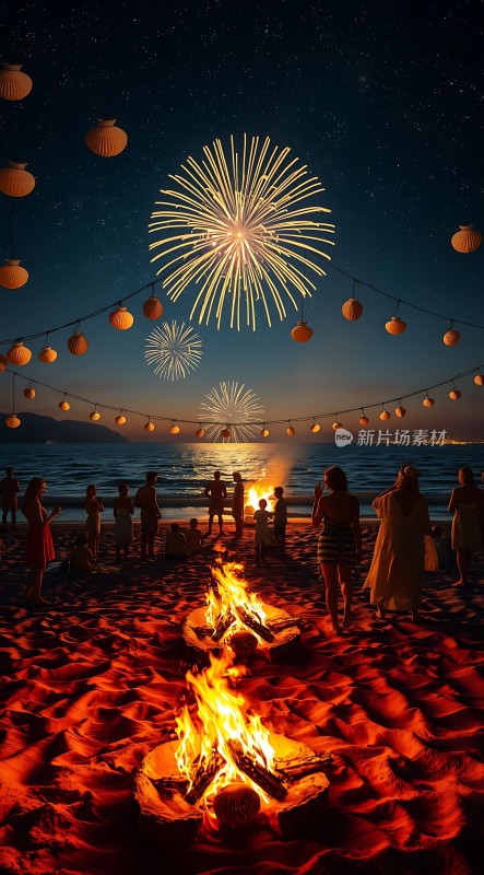 海滩篝火烟花夜