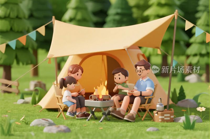 一家人户外露营温馨场景