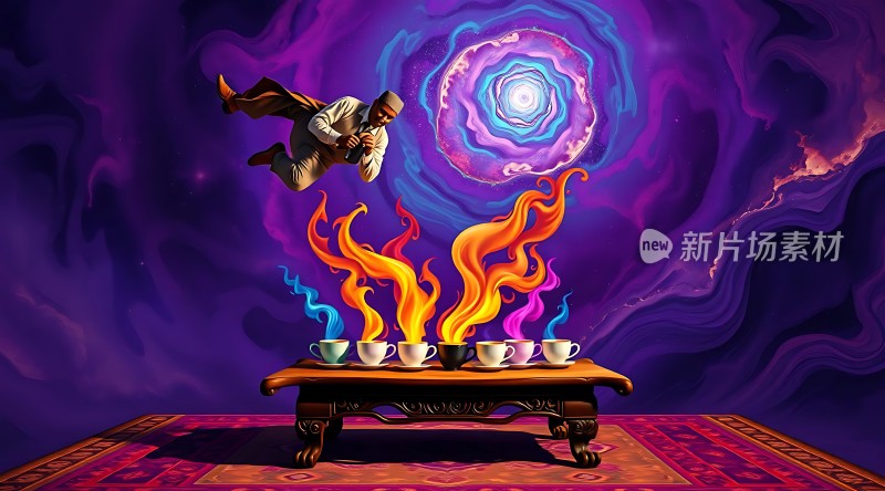 茶杯中的火焰与宇宙背景下的飞行人物
