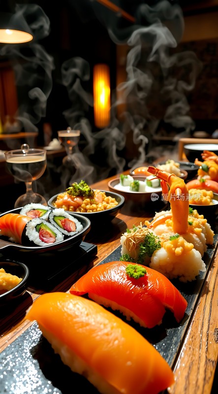日式料理盛宴鲜虾刺身与寿司完美呈现