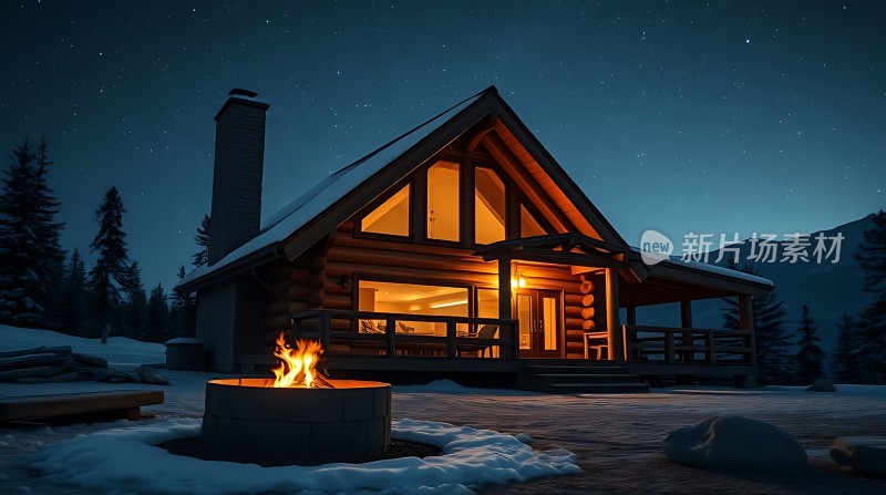 雪夜小木屋温馨篝火