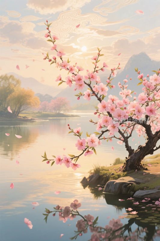 湖边桃花山水插画