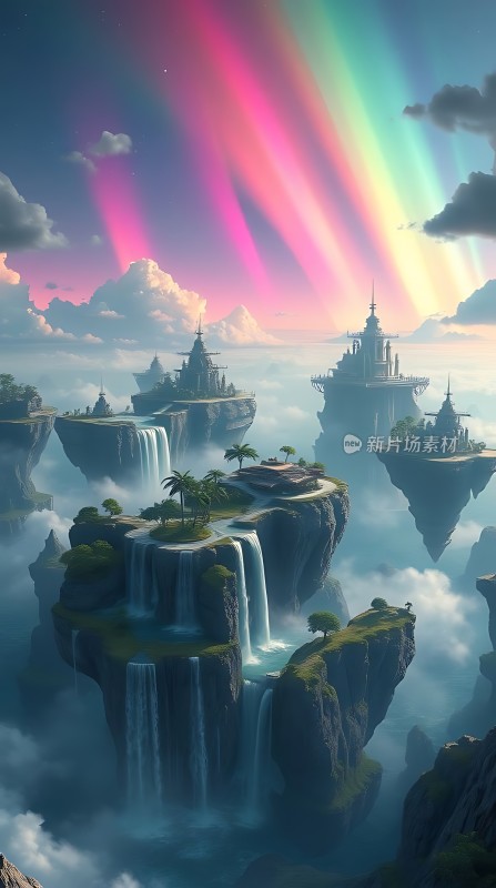 天空之城彩虹下的梦幻岛屿