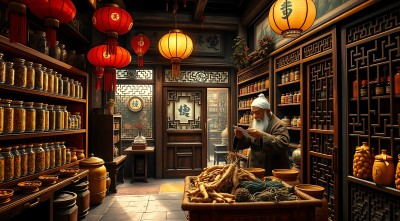 古风中药铺里的老中医在认真阅读处方