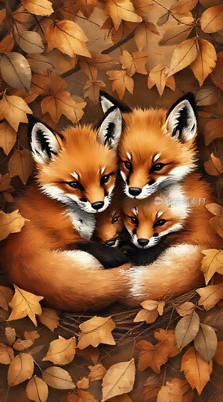 秋日暖阳下的三只小狐狸