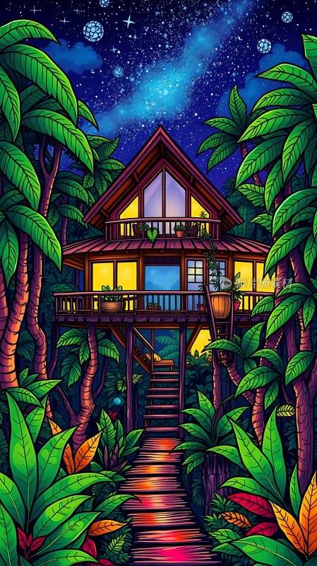 夜幕下的树屋秘境