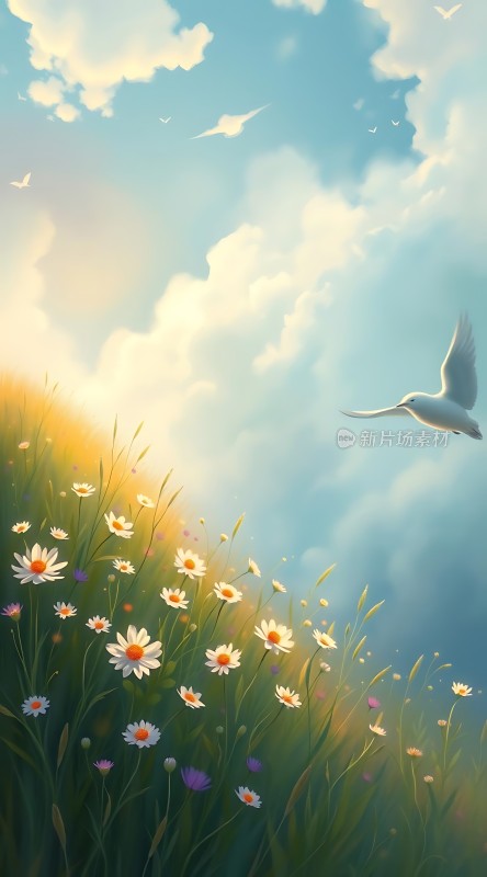 阳光下的花海与飞翔的白鸽