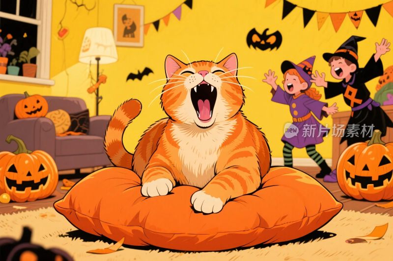 万圣节温馨橘猫插画