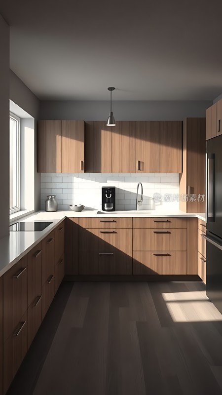 阳光洒落现代厨房木质橱柜与白色台面相得益彰