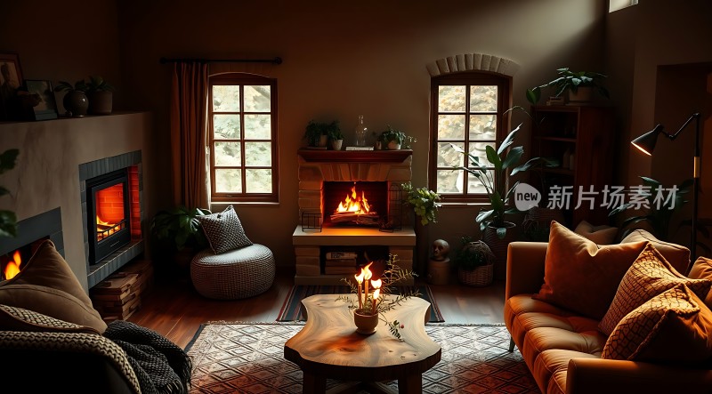 温馨壁炉客厅舒适沙发与绿植营造宁静氛围