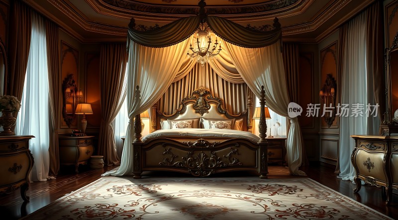 豪华卧室金色床铺精美吊灯温馨氛围
