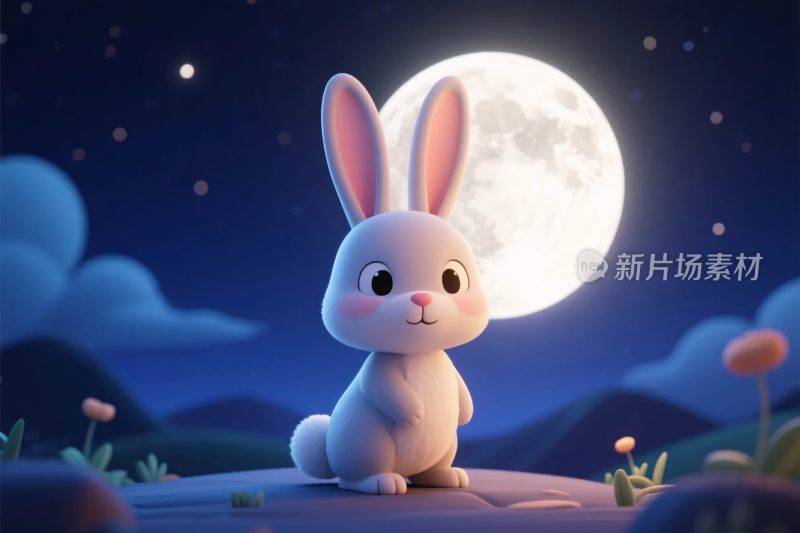 卡通兔子月夜场景