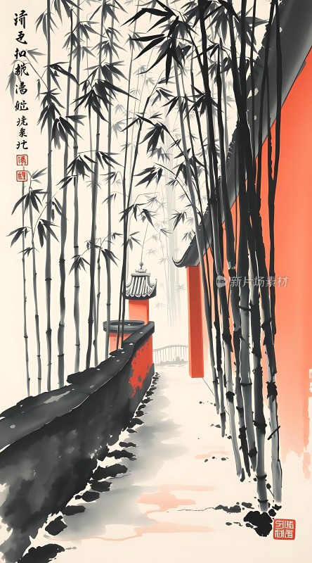 竹影斑驳映红墙