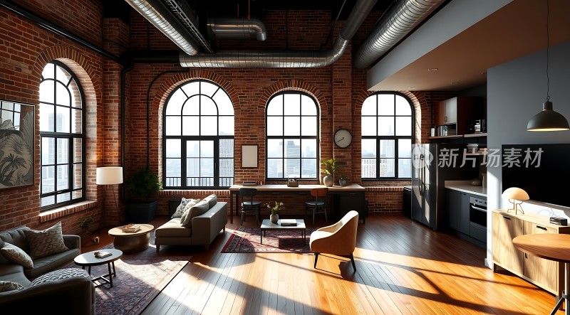工业风大宅砖墙木地板阳光洒满客厅现代家具简约大气