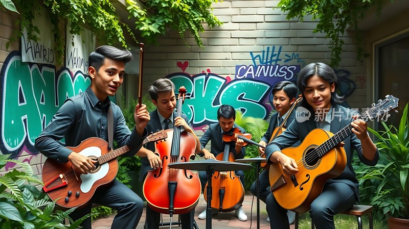 五人乐队弹奏乐器背景墙上有涂鸦和绿植