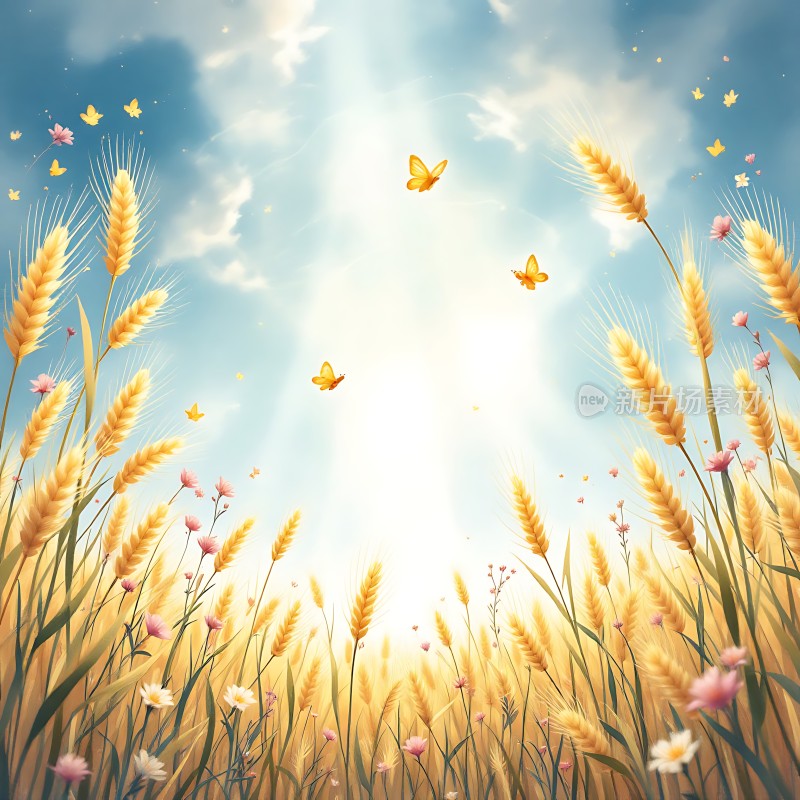 阳光下的麦田与蝴蝶