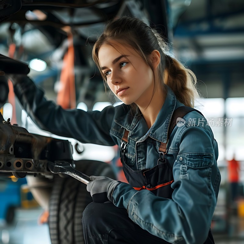 女机械师专注检修汽车底盘
