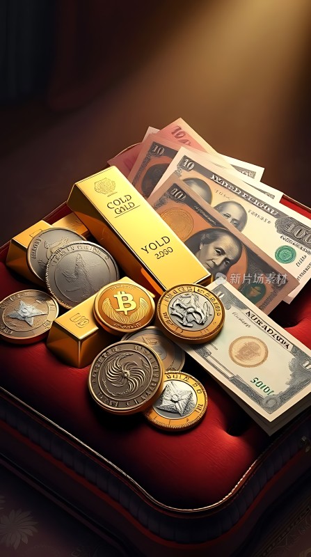 黄金、比特币和美元纸币的组合