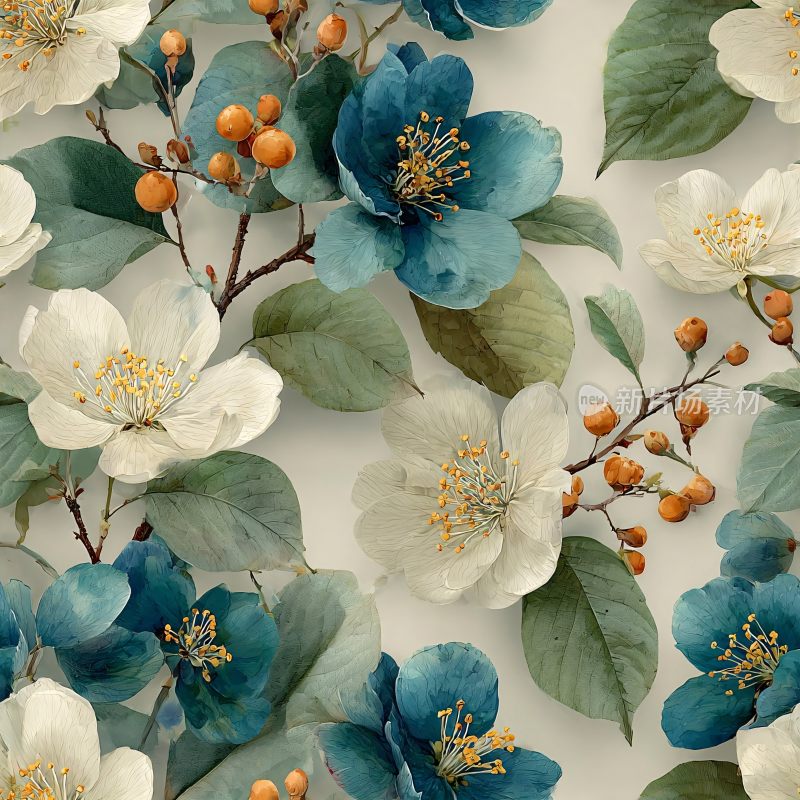 蓝白花卉插画图案