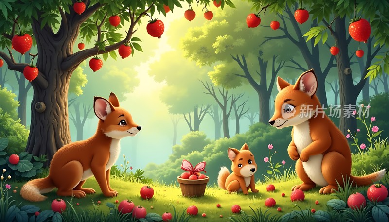 狐狸家族采摘草莓