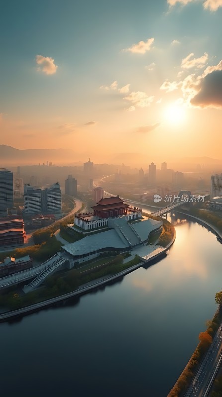 城市日出建筑与河流相映成趣