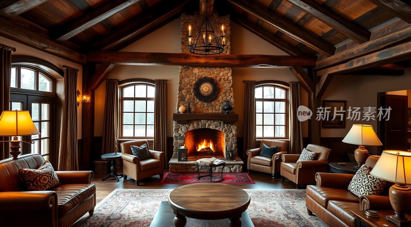 温馨壁炉客厅舒适沙发环绕自然光线充足