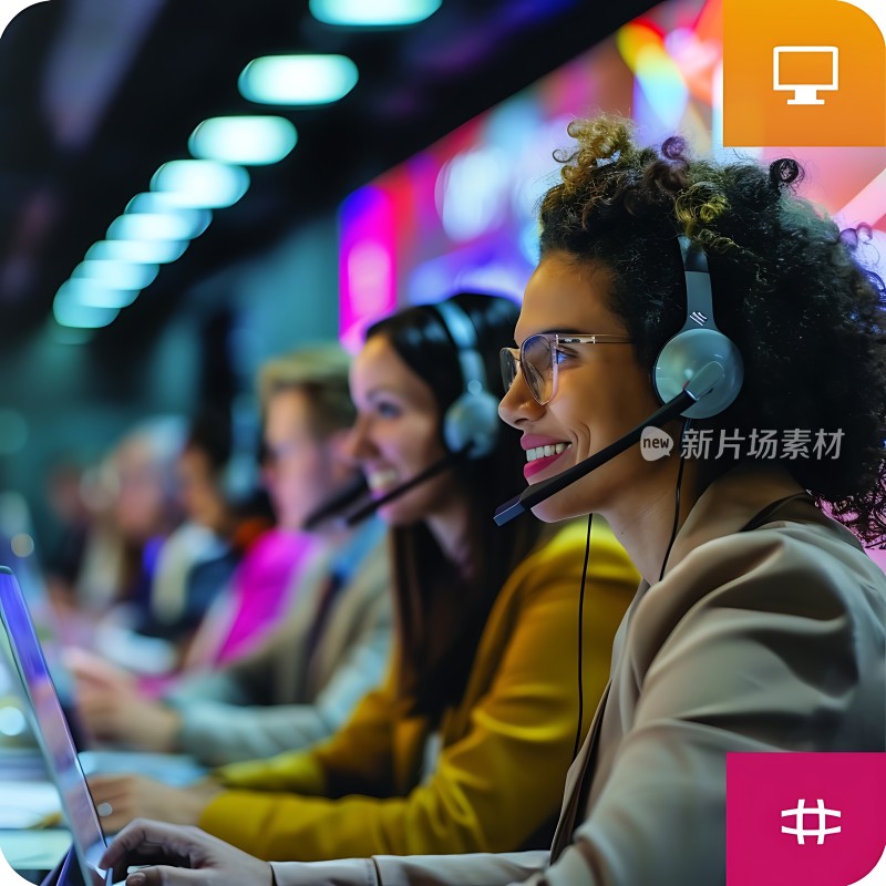 客服团队高效协作耳机电脑展现专业风采