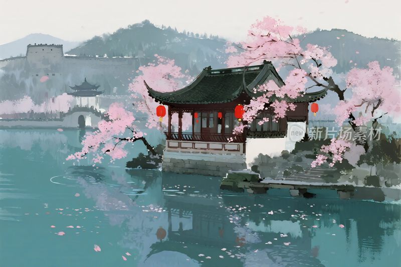 湖边古亭水墨画