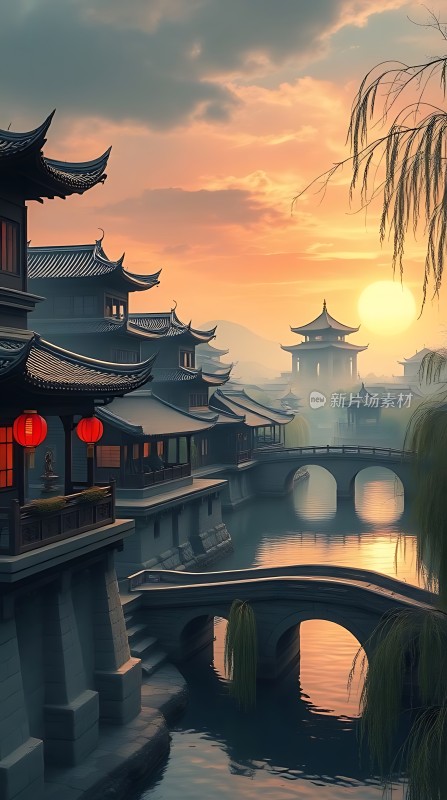 日落古桥水乡情