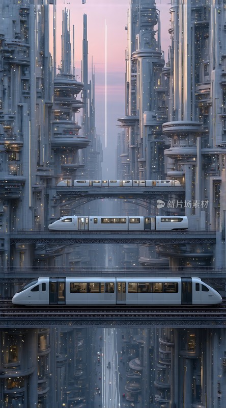 未来城市列车穿梭高楼之间