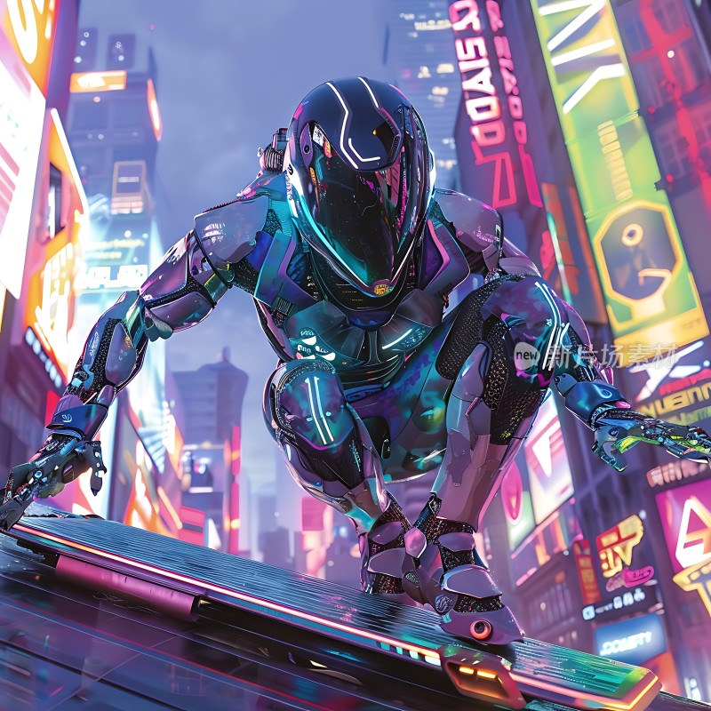 赛博朋克城市中的未来战士滑板者