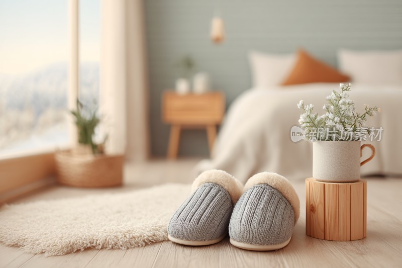 温馨卧室中的舒适拖鞋与绿植