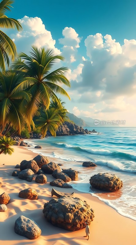 椰林沙滩海浪轻拍阳光明媚宁静而美丽