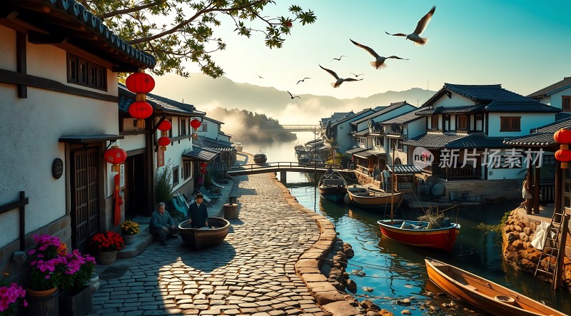 晨光下的水乡古镇