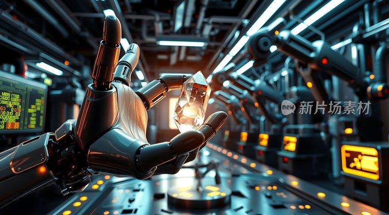 机器人握住发光水晶未来科技感十足