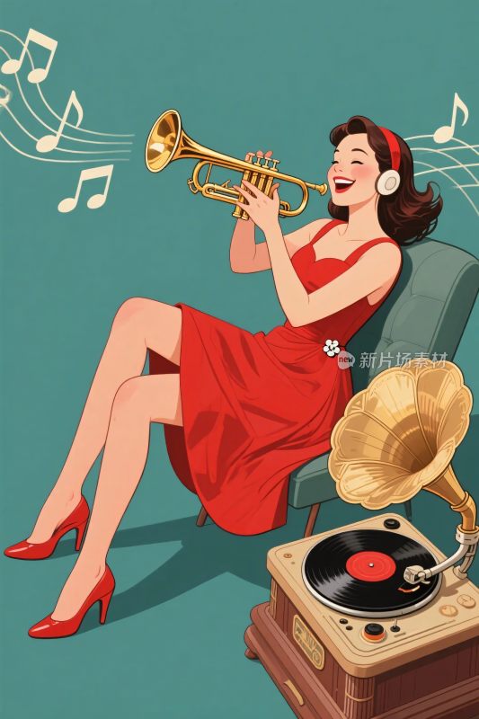 红裙女孩吹小号插画