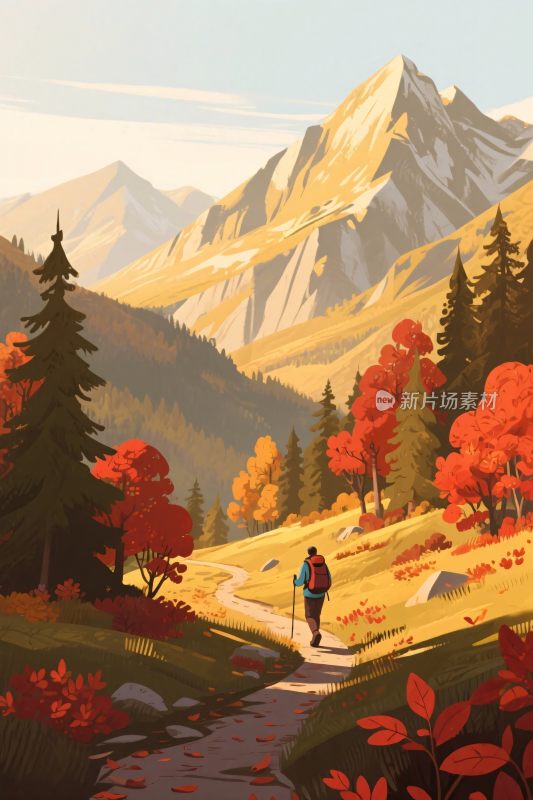 山林徒步风景插画