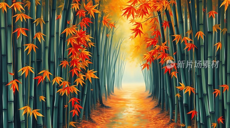 秋日枫叶竹径幽